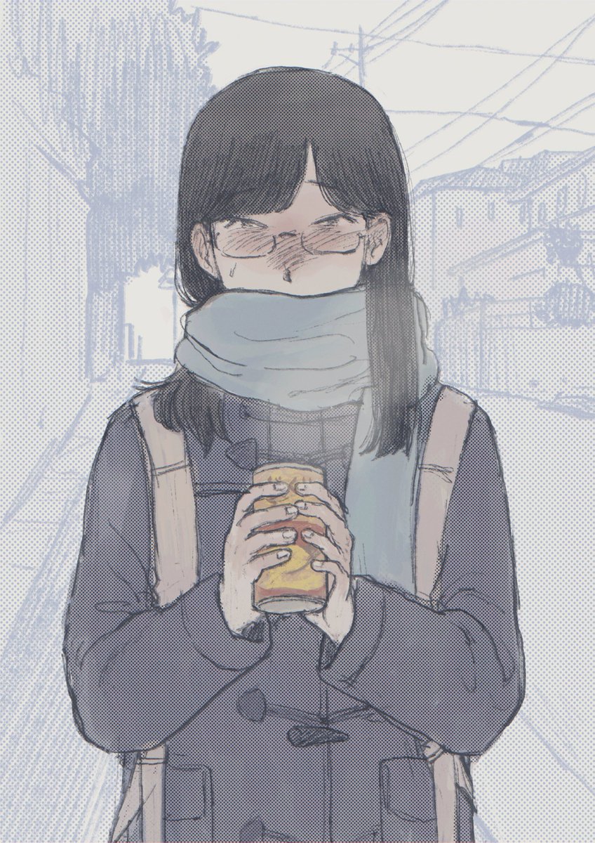 1girl solo scarf glasses black hair bag can  illustration images