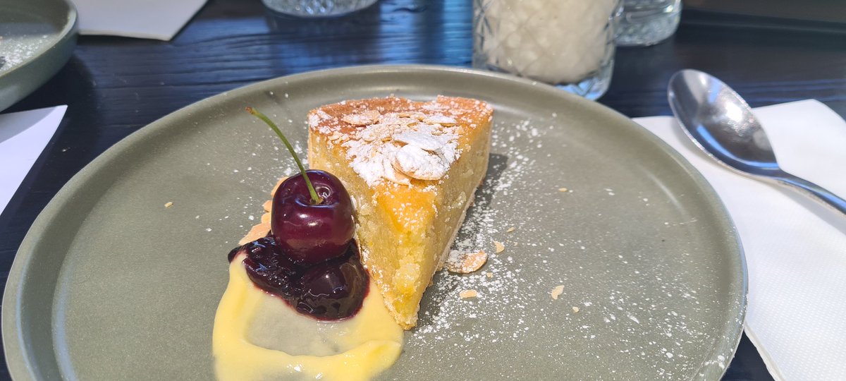 FreoLou's tweet image. Fifth and final course is a tart with cherries, almond and lemon cream. The cheese platter is in a take away box because we are so full lol #Rustico