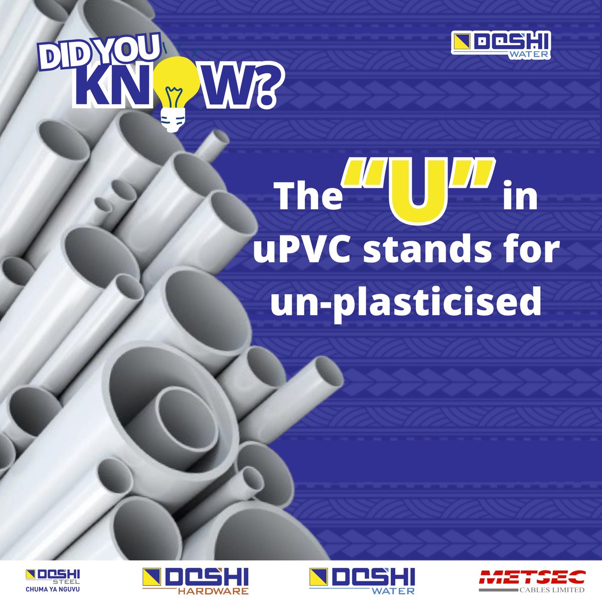PVCu = uPVC pipes! The "u" means unplasticized, enabling Doshi Water's pipes to resist weathering and last for years. Durable water transportation made easy! #everydropcounts #doshiwater