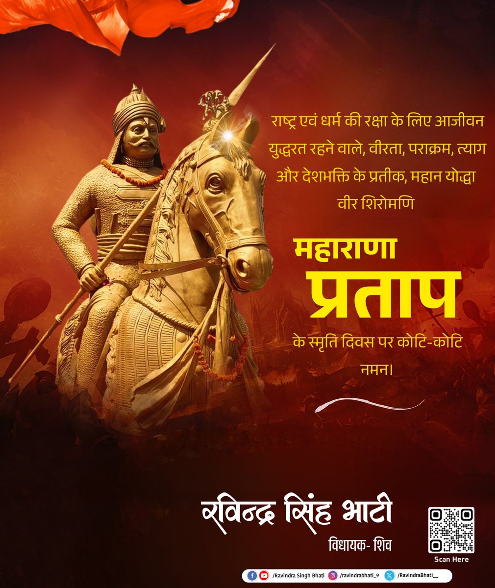 RavindraBhati__'s tweet photo. राष्ट्र एवं धर्म की रक्षा के लिए आजीवन युद्धरत रहने वाले, वीरता, पराक्रम, त्याग और देशभक्ति के प्रतीक, महान योद्धा वीर शिरोमणि महाराणा प्रताप के स्मृति दिवस पर कोटि-कोटि नमन। https://t.co/iBimcBGq2p