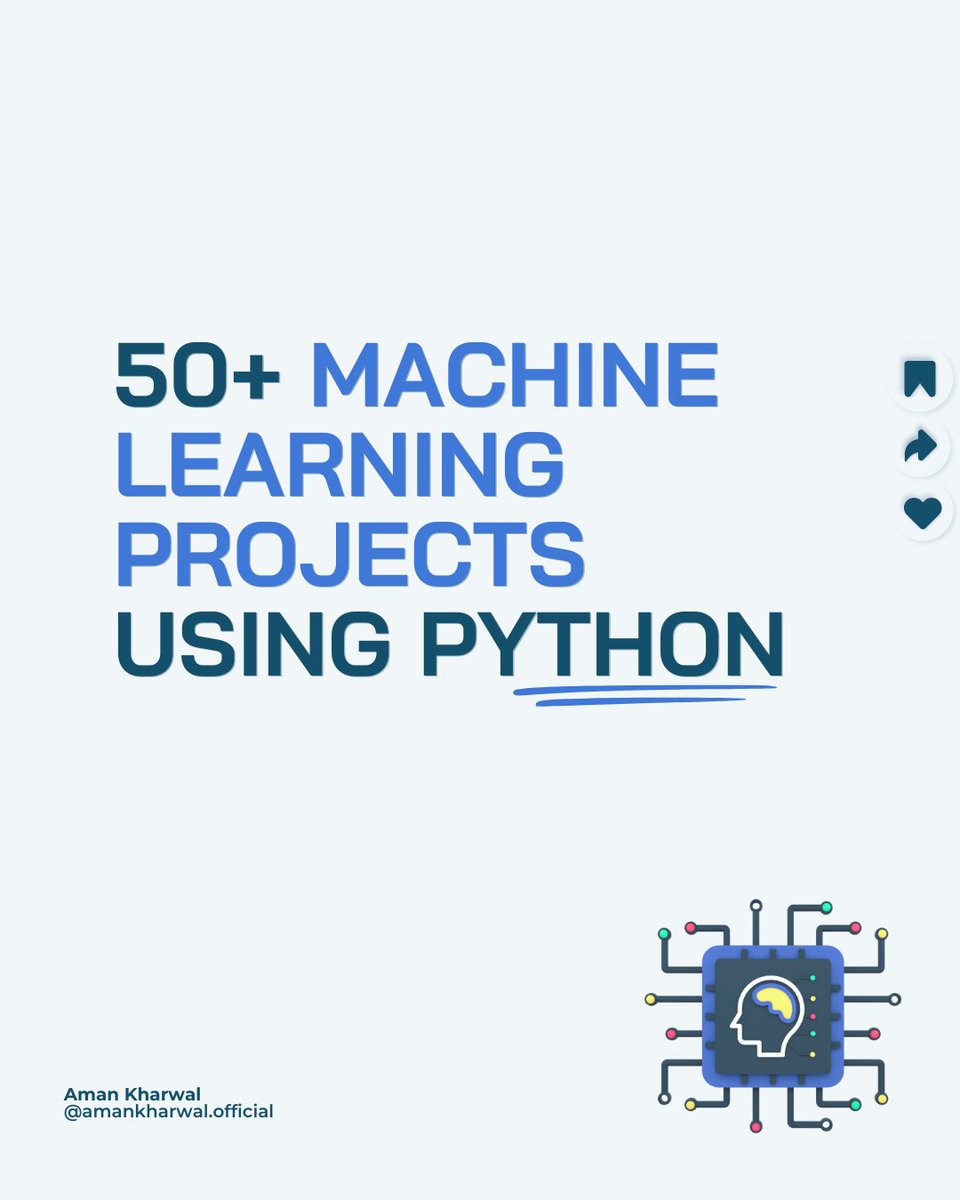 amankk_9's tweet image. Here's a list of 50+ #MachineLearning projects solved &amp;amp; explained using #Python you should try to improve your skills in working with data and algorithms.

Includes projects like:

End to End:
End to End Predictive Model
End to End Chatbot

Classification:
Google Search Queries…