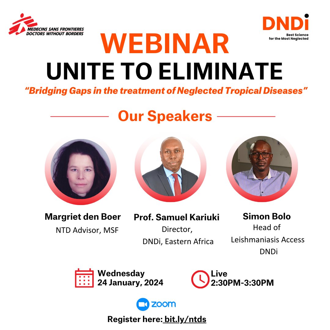 📢Join us this 🗓️Wednesday, 24th, from 🕝2:30-3:30pm for a webinar hosted by @DNDi & @MSF! We will discuss 'bridging gaps in the treatment of Neglected Tropical Diseases' with insightful talks from three expert speakers. bit.ly/ntds #EndtheNeglect #BeatNTDs #EndNTDs