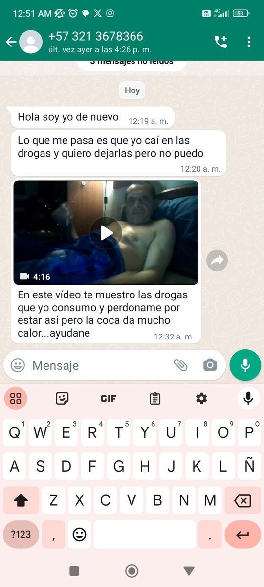 ¡Tengo miedo! Me acaba de escribir el acosador siendo las 12 y 32 am del día 19 de enero. Me dice que tiene un problema grande con la cocaína y que por eso me manda estos vídeos pornograficos. Ya las autoridades me tomaron  denuncia, pero aún no se logra su captura <a href="/FiscaliaCol/">Fiscalía Colombia</a>