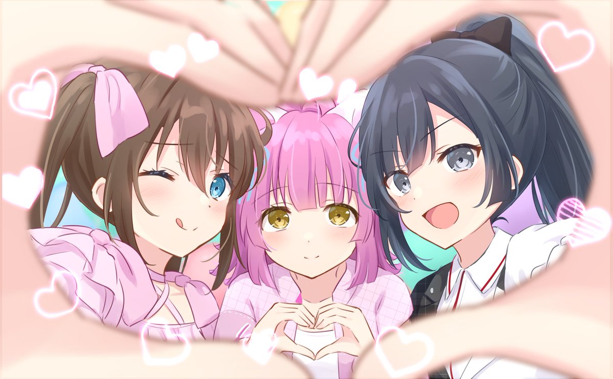 ousaka shizuku ,tennouji rina ,yuuki setsuna (love live!) multiple girls pink hair 3girls heart hands heart yellow eyes brown hair  illustration images