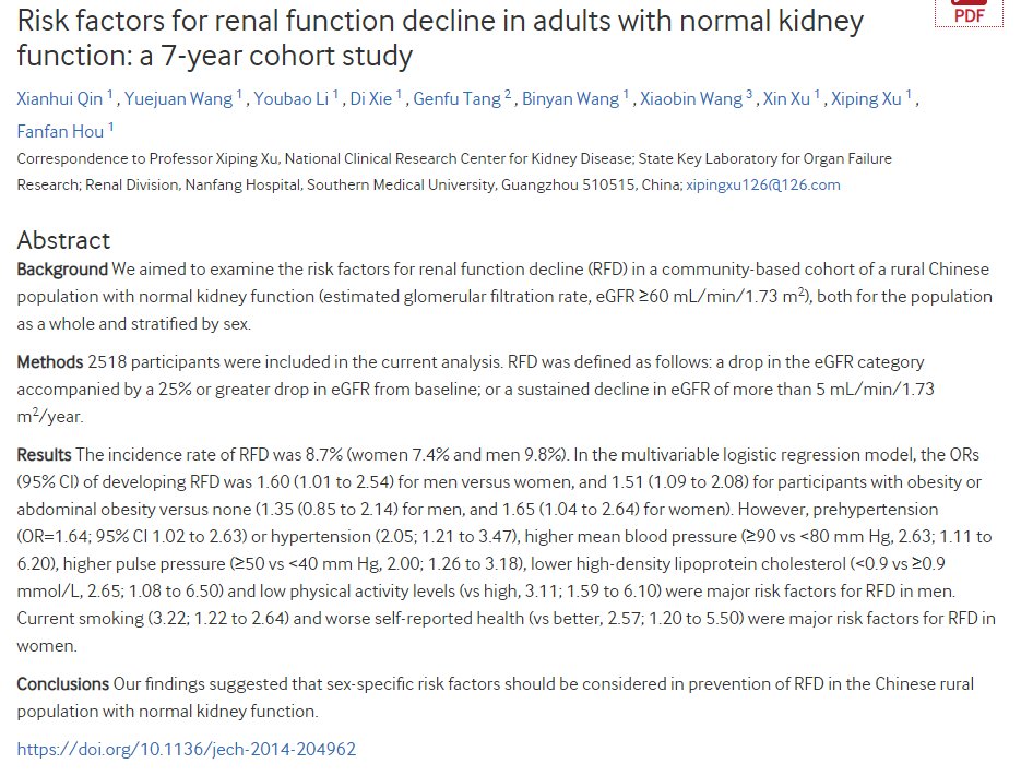hyderabaddoctor's tweet photo. Risk factors for kidney (renal) function decline in adults with normal kidney function

1. Hypertension (BP>140/90 mmHg)
2. Prehypertension (SBP: 120-139 mmHg, DBP: 80-89 mmHg)
3. Obesity or abdominal obesity
4. Lower HDL cholesterol (<35 mg/dL)
5. Low physical activity
6. Current smoking
7. Impaired fasting glucose
8. Elevated triglycerides
9. Metabolic syndrome
10. Insulin resistance

If you closely look at the above risk factors, you would notice that all these can be modified by lifestyle interventions (healthy nutrition and physical activity).

Take home message
Decline in kidney function can be prevented to a large extent with lifestyle modification. 

#MedTwitter #nephrology