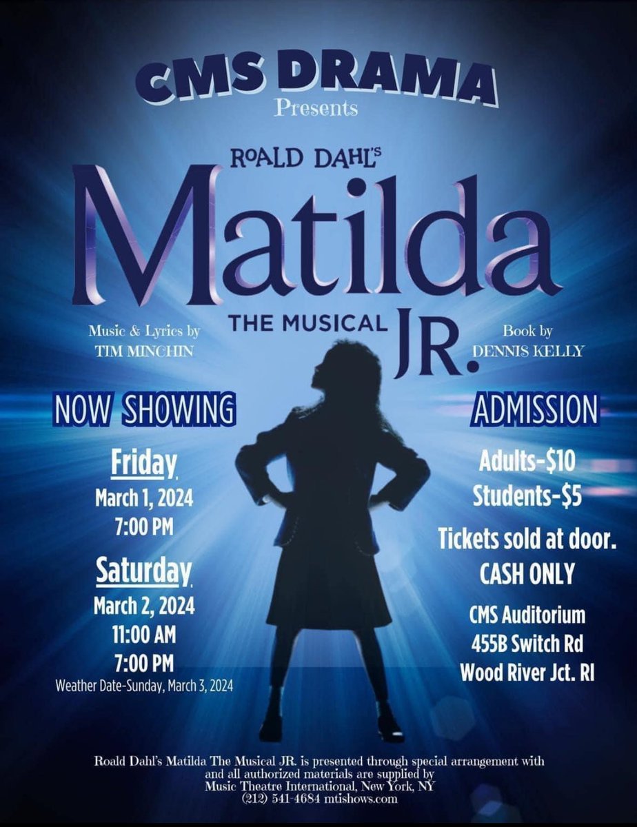 Save the Date for @CharihoRegional middle school’s musical production of Matilda Jr!💚🎉 #charihoperformingarts #charihomsdrama #chargeraferhours