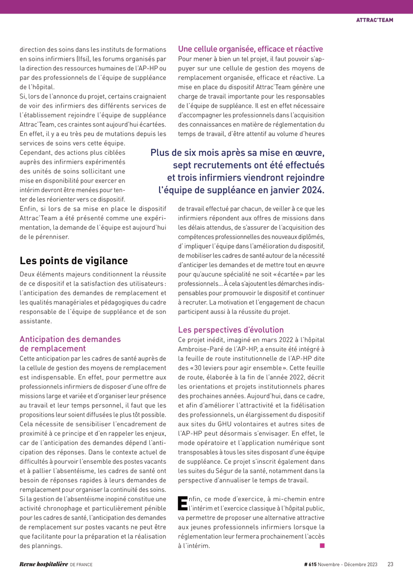 #VendrediLecture 📚

👉 À découvrir dans le dernier n° de la RHF, le projet "Attrac'Team", un dispositif de suppléance via une application numérique 📲 mis en place par l'hôpital <a href="/Pare_Poincare/">Hôpitaux Ambroise-Paré et Raymond-Poincaré AP-HP</a> (<a href="/APHP/">Assistance Publique – Hôpitaux de Paris (AP-HP)</a>) 

Lauréat du prix de l'innovation en RH, coup de ❤️ du jury, décerné lors des