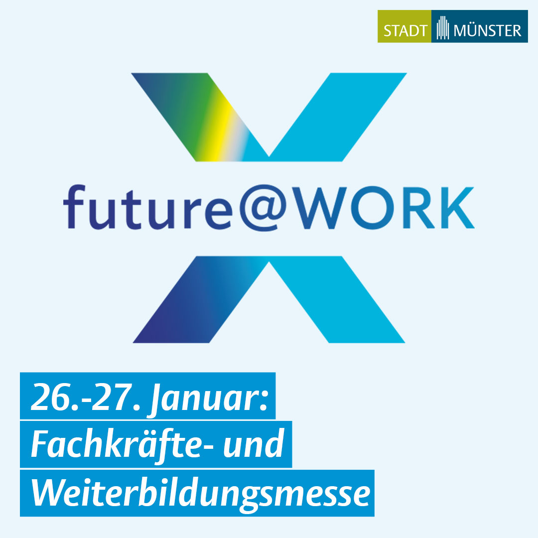 Nächste Woche findet erstmals die Fachkräfte- und Weiterbildungsmesse 'future@WORK' in der Halle Münsterland statt. Kommt vorbei am Freitag, 26.1. (13-18 Uhr) oder am Samstag, 27.1. (10-17 Uhr)! ➡️Kostenlose Tickets: future-at-work.ms/tickets ➡️Infos: stadt-muenster.de/aktuelles/pm-d…