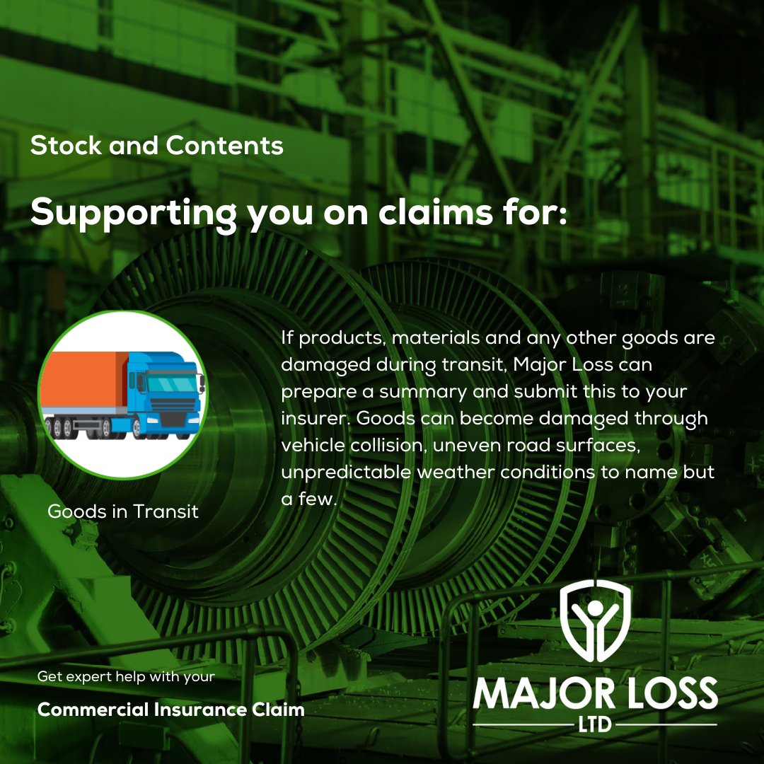 Experienced damage to your goods in transit? Major Loss is here to support you. Whether it's a vehicle collision or uneven road surfaces we can swiftly prepare and submit a comprehensive claim summary to your insurer. 

Visit bit.ly/3Hm1QGK 

#GoodsInTransit #Logistics