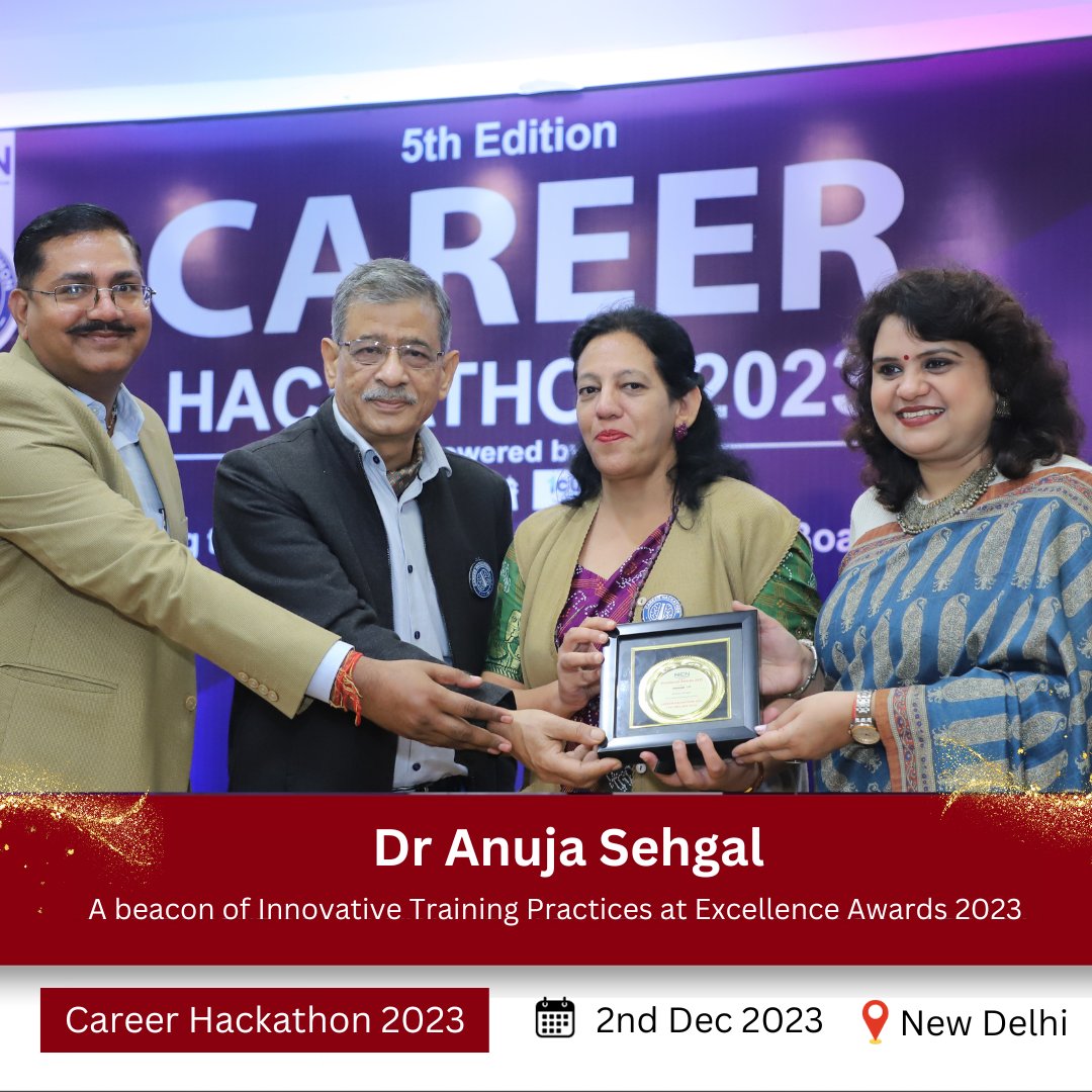 Kudos to Anuja Sehgal for earning the Innovator of the Year Award at Career Hackathon 2023! 

Her pioneering work in Innovative Training Practices is reshaping the future of career development. 👏 

#CareerHackathon2023 #InnovatorOfTheYear #AnujaSehgalInnovates
