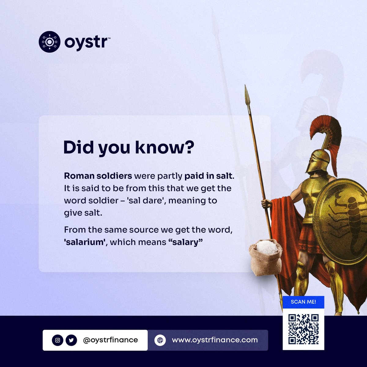 Oystrfinance's tweet photo. That's right, the word "salary" actually comes from the Latin word for "salt." So next time you're feeling down about your paycheck, just be glad you're not getting paid in actual salt! #fact #history #Oystr #financialliteracy #finance https://t.co/h51NpyVdoz