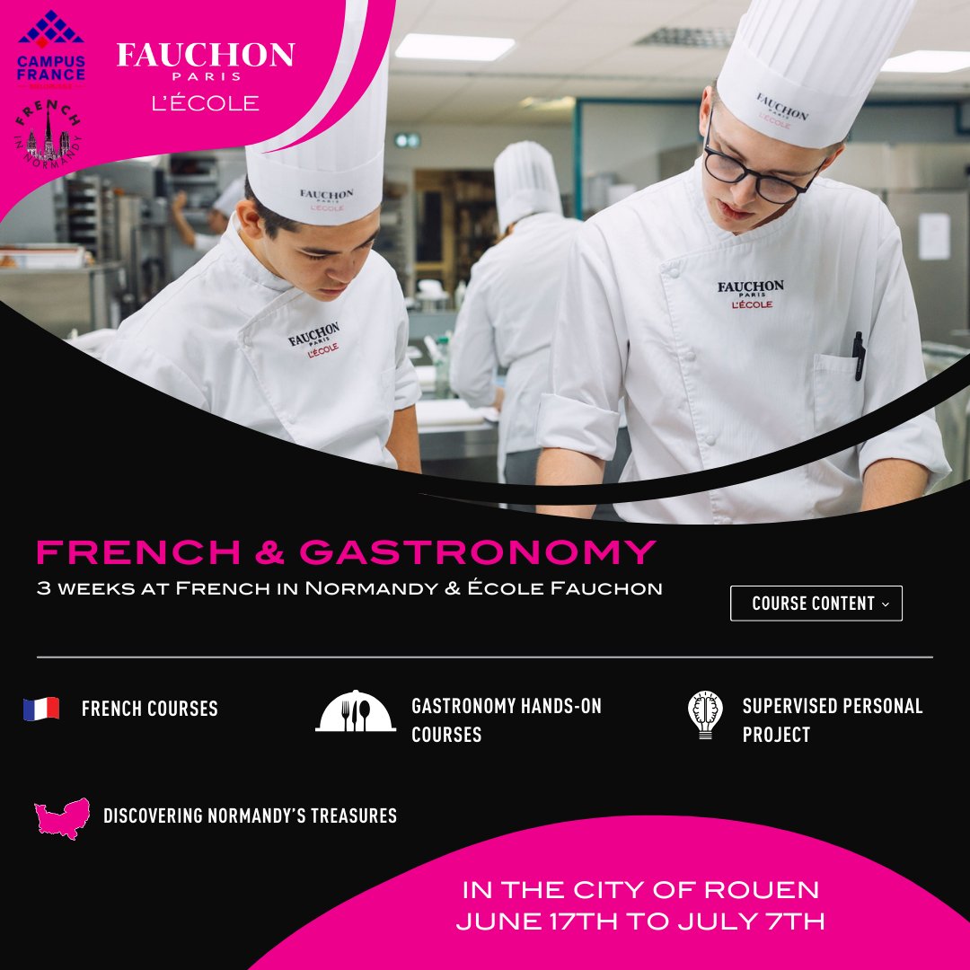Discover the exclusive École FAUCHON Summer Program in collaboration with Campus France !  A 3-week immersion in Rouen, appointed as "gastronomic city" by UNESCO. From June 17 to July 7, register by contacting <a href="/Study_French/">French in Normandy</a> . 📚📷
<a href="/FAUCHON_Paris/">FAUCHON Paris</a>
<a href="/CampusFrance/">Campus France</a>