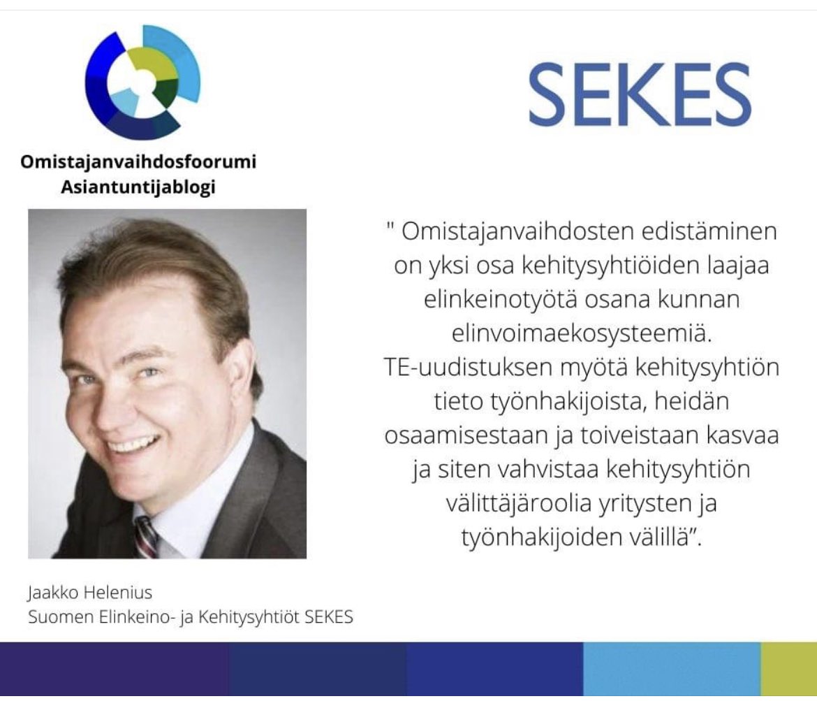 Kunnallisen yritysneuvonnan välittäjärooli korostuu TE-uudistuksessa. Myös omistajanvaihdosten edistäminen voi jouduttua. 

Lue Suomen Elinkeino- ja Kehitysyhtiöt SEKES ry:n toiminnanjohtajan kirjoitus aiheesta. 

#omistajanvaihdokset #TEuudistus

ov-foorumi.fi/te-uudistus-ke…