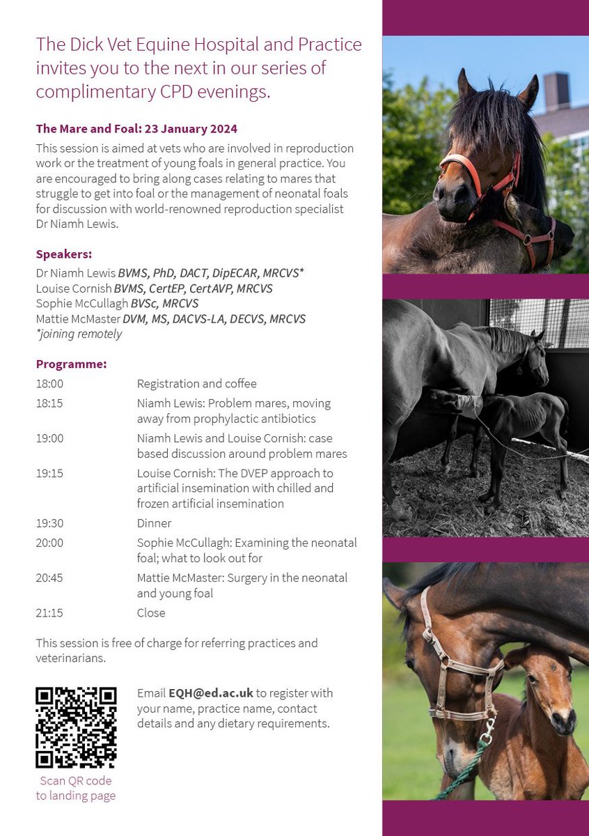 Nice evening mare and foal refresher as we head into the spring. Something for the inexperienced and the seasoned pro alike, with talks and discussion from <a href="/TheDickVet/">The Royal (Dick) School of Veterinary Studies</a> Vets and European reproduction specialist Niamh Lewis.