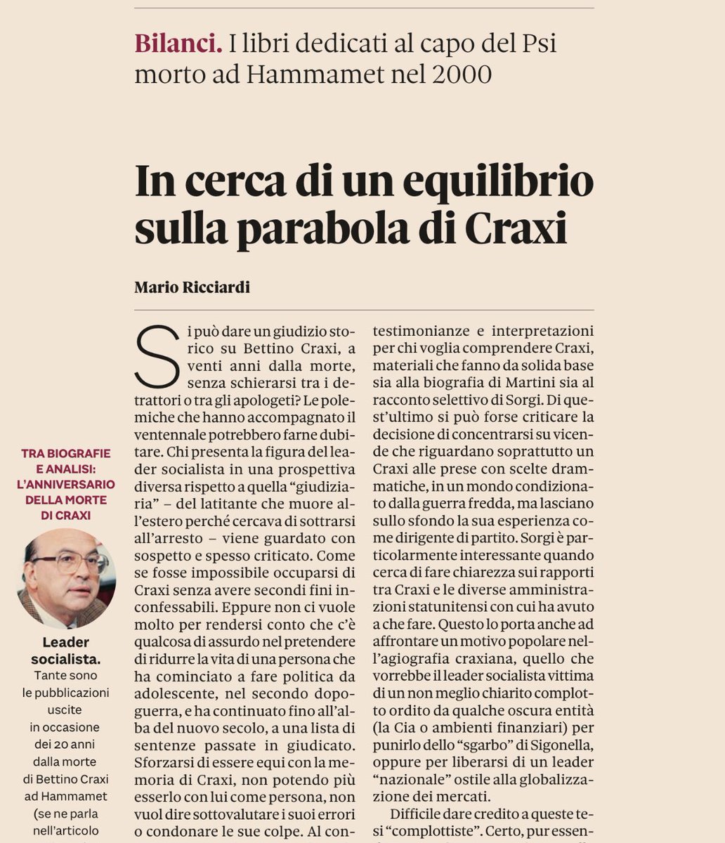 L'anniversario della scomparsa di Bettino Craxi ripropone il nodo, mai sciolto, di un giudizio storico equilibrato sulla sua vicenda politica e umana. Ne scrissi, proprio in occasione dell'anniversario della morte, quattro anni fa per @sole24ore.