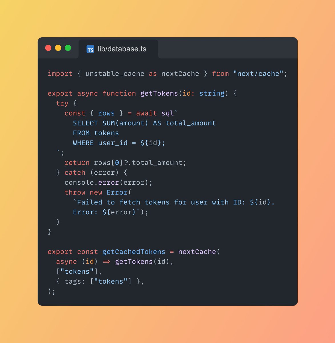 bacqueyrisses's tweet photo. I wanted to share with you a particularly useful feature of Next.js 14, which I don't find used enough ✨

The ability to fully manage the cache of an SQL query throughout the application using unstable_cache &amp; revalidateTag.

Let's optimize our apps to the fullest 🤍 https://t.co/PxaCziZA1i