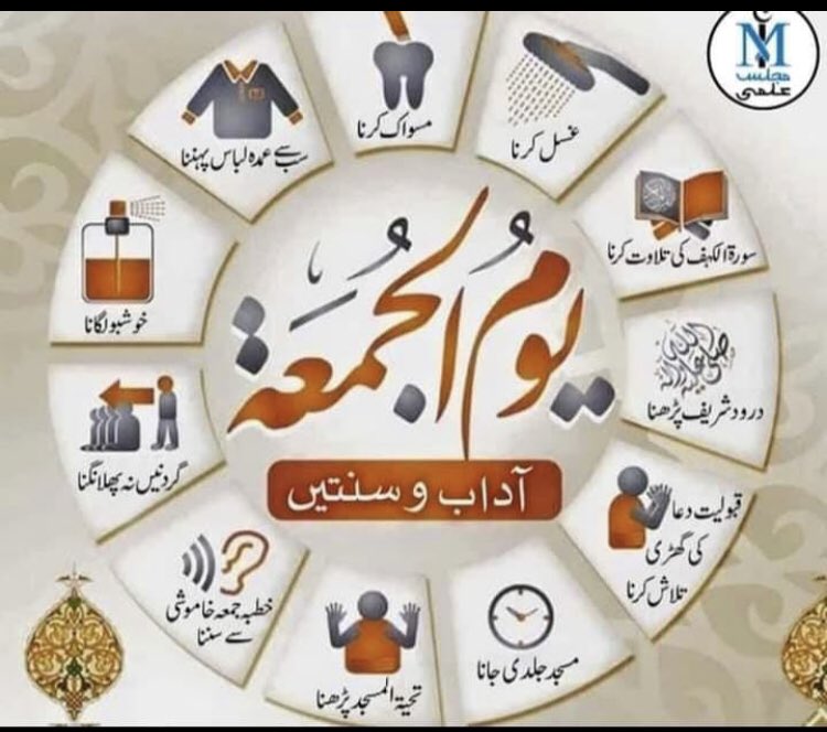 raheelpanwar's tweet photo. *🕌جمعہ کی سنتیں*

*📖​1:-​ سورۃ الکہف کی تلاوت ۔*

*🚿​2:-​ غسل کرنا ۔*

*🌹​3:-​ خوشبو کا استعمال ۔*

*🌹​4:-​ صاف کپڑوں کا اہتمام ۔*

*🤲​5:-​ کثرت سے درود پڑھنا صلي الله عليه وآله وصحبه و بارك وسلم ۔*

*🍃​6:-​ مسواک کرنا ۔*

*💫​7:-​ تیل لگانا۔*
جی بیہقی [249\3 ] https://t.co/F6m9k7r1De