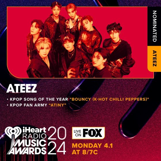 #ATEEZ ties for the Most Nominated K-Pop Group at the #iHeartRadioAwards2024, up for 2 Awards! 💪🗳️🗳️i❤️📻🎶🏆🔥👑👑👑👑👑👑👑👑❤️‍🔥 🏆K-Pop Song of the Year 'Bouncy (K-Hot Chilli Peppers) 🏆K-Pop Fan Army #에이티즈 #エイティーズ