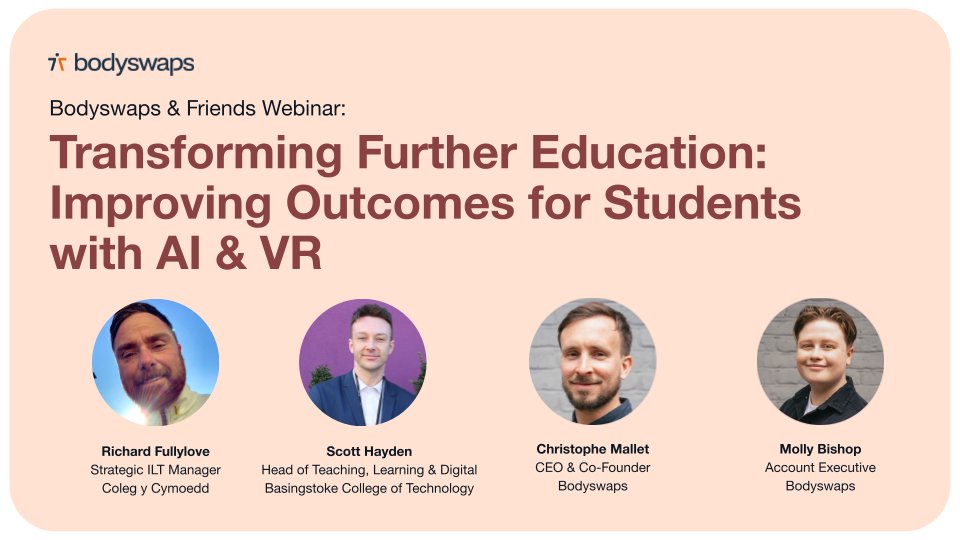 Bodyswaps_VR's tweet image. #UKFE Champions! 4 pm GMT, 30th January. Hear from our speakers Richard Fullylove and Scott Hayden on their experiences implementing virtual reality and artificial intelligence technologies at their institutions to enhance student experience.

Sign up here bit.ly/3Sgrnaq