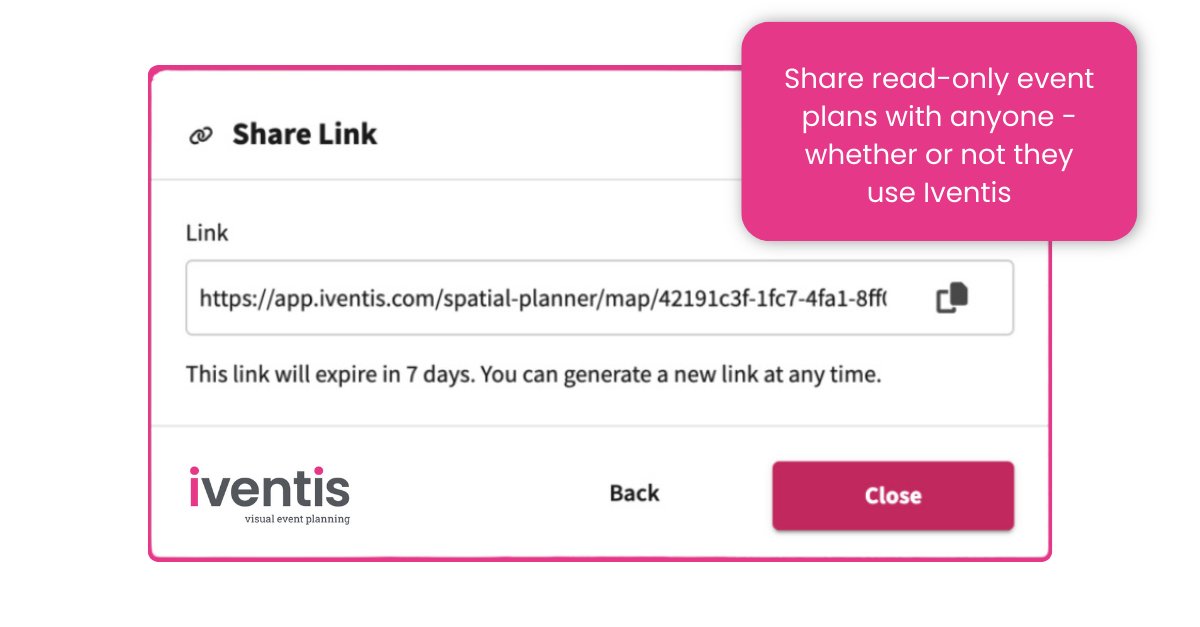 We've made it even easier to share your Iventis plans 🤝

You can now share read-only links to plans with ANYONE, whether they use Iventis or not - speeding up collaboration between external teams, suppliers and partners.

#eventplanning #eventmapping #eventtech