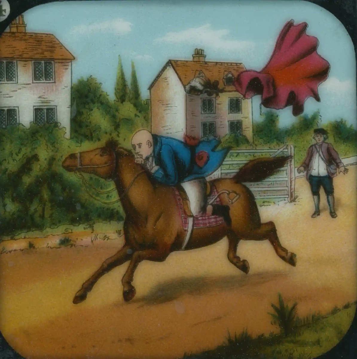 Last day of the stocktake! Here's a little surprise we found in a box of #Huyton lantern slides we were cleaning: from Cowper's 'Diverting #History of John Gilpin', Gilpin hangs desperately onto his bolting #horse (Primus series B) #EYADustbusters #poems #culture #archives #story