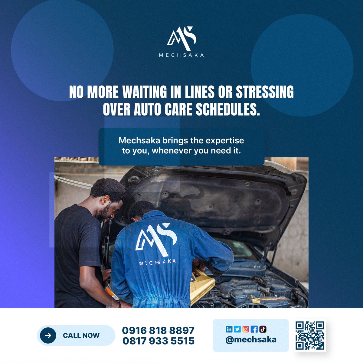 mechsaka's tweet image. No more waiting in lines or stressing over auto care schedules. Mechsaka brings the expertise to you, whenever you need it. #ConvenientAutoCare #TechSavvySolutions