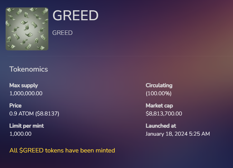 TankTalksLife's tweet photo. $GREED has now been 100% minted!
$ATOM #Cosmosecosystem #inscriptsions https://t.co/xeAcjrMz8m