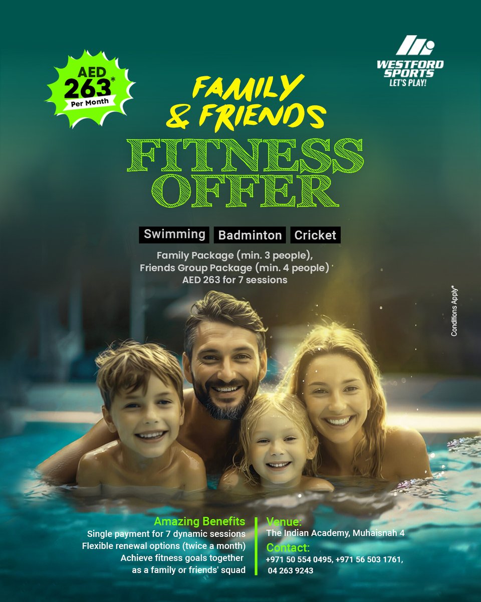 🎉 Ignite Your Fitness Journey with Loved Ones! 🎉 
#WestfordSports presents a special Family & Friends Fitness Offer. 💪 Achieve your goals together, enjoy flexible renewals, and make memories while staying fit! 

📞: +971 050 554 0495

#FitTogether #FamilyFitness