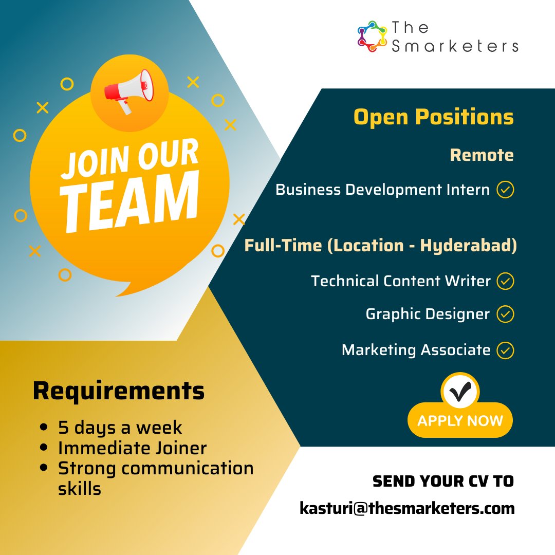 Calling all B2B marketing enthusiasts! 

The Smarketers is expanding, and we want you to be a part of it. Explore our open positions and take the next step in your career.

 #HiringNow #TheSmarketers #JoinTheTeam #MarketingHiring