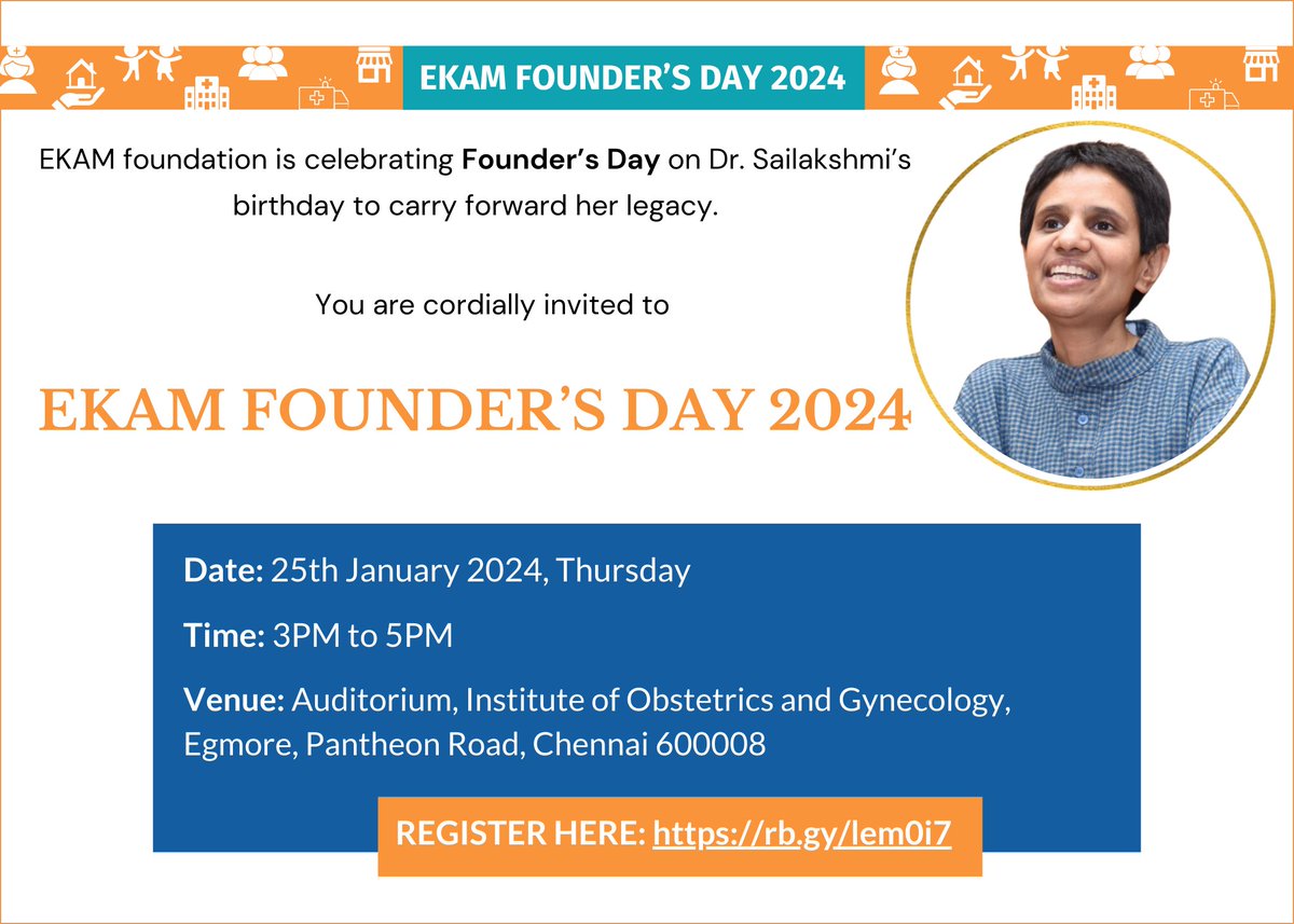 ekam_ngo's tweet photo. We are delighted to invite you to Ekam Foundation's Founders Day event on January 25th, from 3:00 pm to 5:00 pm at the Institute of Obstetrics and Gynaecology Hospital Auditorium in Egmore, Chennai.
REGISTER HERE: https://t.co/HXLJMj6Czc https://t.co/T1Ibg8zpRd