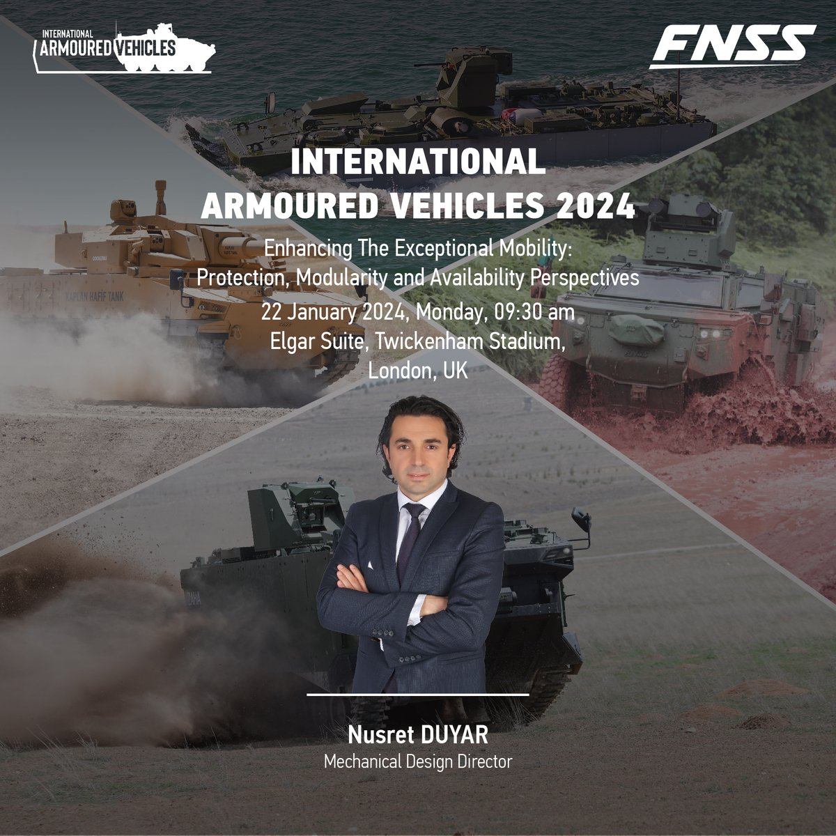 FNSS_Savunma's tweet photo. FNSS Mechanical Design Director Nusret DUYAR will deliver the “Enchancing the Exceptional Mobility: Protection, Modularity and Availability Perspectives” presentation at the International Armoured Vehicles 2024, on 22 January 2024, Monday, at 09:30, during the Mobility and Electrification Sessions, in Elgar Suite, Twickenham Stadium, London, UK.

#fnss #IAV #InternationalArmouredVehicles