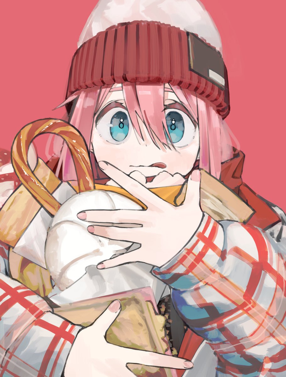 kagamihara nadeshiko 1girl pink hair solo food hat beanie holding  illustration images