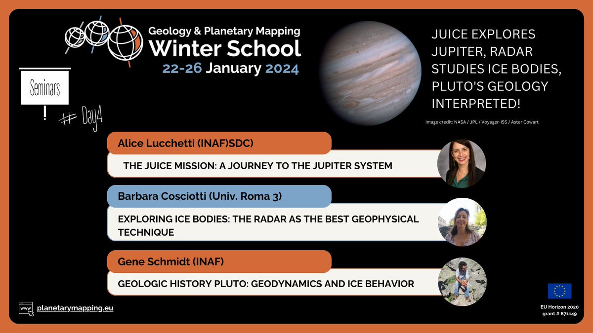 🗓🪐 Don't miss the GMAP Winter School seminars on #DAY4, Jan 25, 2024! Explore Jupiter with JUICE, study ice bodies with radar, and decode Pluto's geology! 🗓 School Program at linktr.ee/planetarymappi… 
For inquiries info@planetarymapping.eu! 📧 #GMAPWinterSchool2024