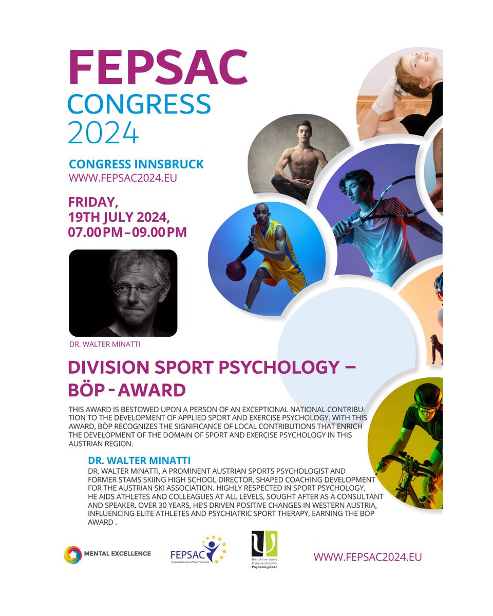 DIVISION SPORT PSYCHOLOGY - BÖP AWARD 

THIS AWARD IS BESTOWED UPON A PERSON OF AN EXCEPTIONAL NATIONAL CONTRIBU- TION TO THE DEVELOPMENT OF APPLIED SPORT AND EXERCISE PSYCHOLOGY.