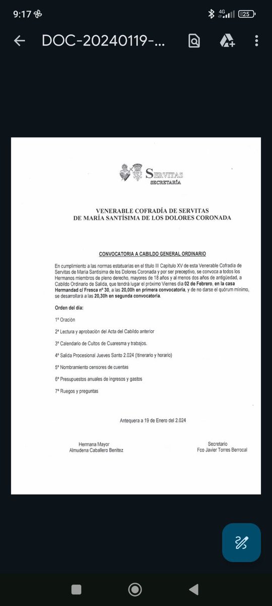 ServitasATQ's tweet photo. La Hermana Mayor de esta Venerable Cofradía , convoca a Cabildo General Ordinario a todos nuestros hermanos de pleno derecho, el próximo viernes  02 de Febrero a las 20:00h primera convocatoria y a las 20:30 en segunda. 
📍 Casa-Hermandad, C/Fresca n: 30 https://t.co/t3EHn34F2O