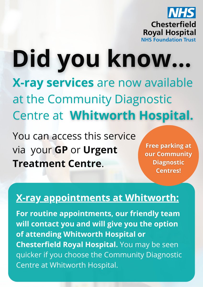 𝗡𝗲𝗲𝗱 𝗮𝗻 𝘅-𝗿𝗮𝘆? 🩻

🤔Did you know that you may receive an appointment quicker if you visit the Community Diagnostic Centre at Whitworth Hospital?

✅You can access the x-ray service via your GP or Urgent Treatment Centre.
