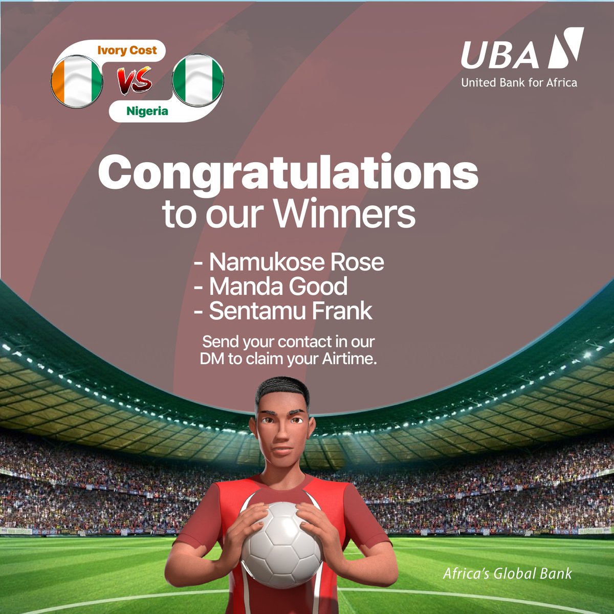 Congratulations to our winners who got the predictions right. Send your phone number in our inbox to claim your Airtime. #AfricasGlobalBank #PredictAndWin
