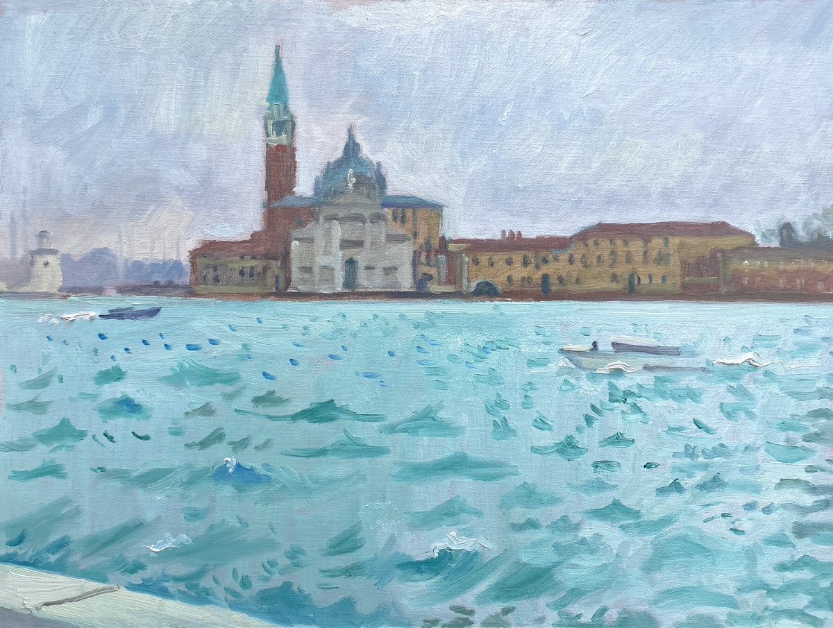 Overcast view across the lagoon to San Giorgio #venicepaintings #venicelagoon #paintingitaly