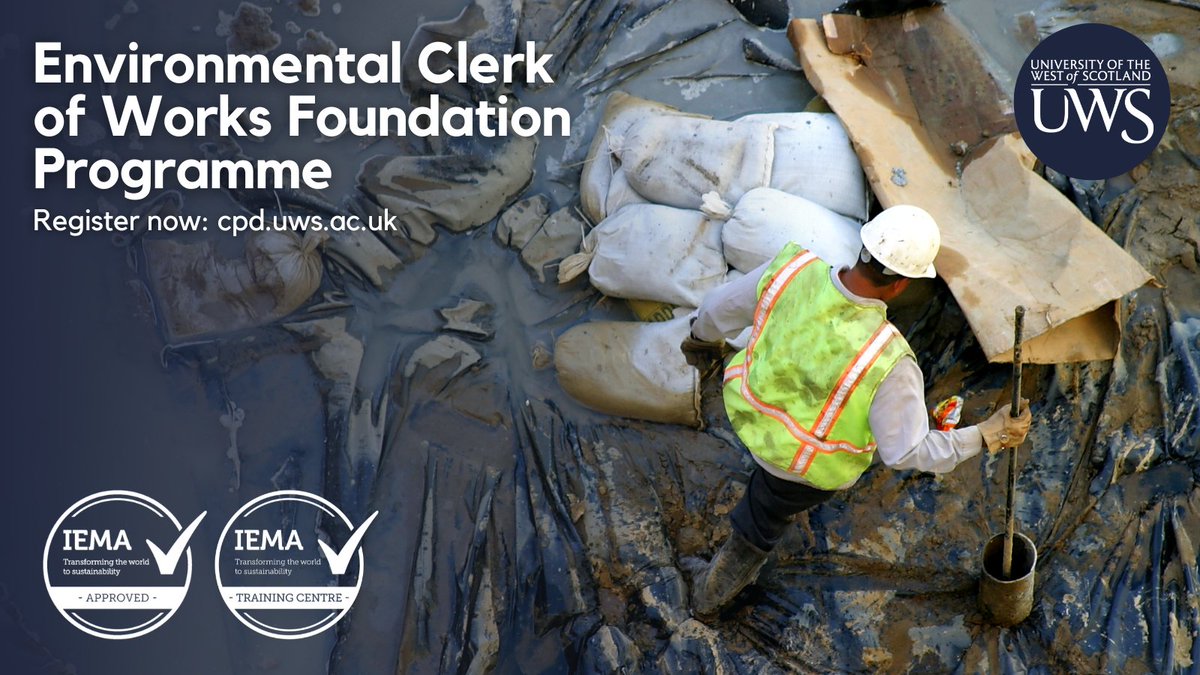 Our Environmental Clerk of Works Foundation Course will run again in May 2024. Part-funded places are available. Find out more and apply 👇🏽: cpd.uws.ac.uk/w/courses/1-en………… *funding is subject to meeting eligibility criteria