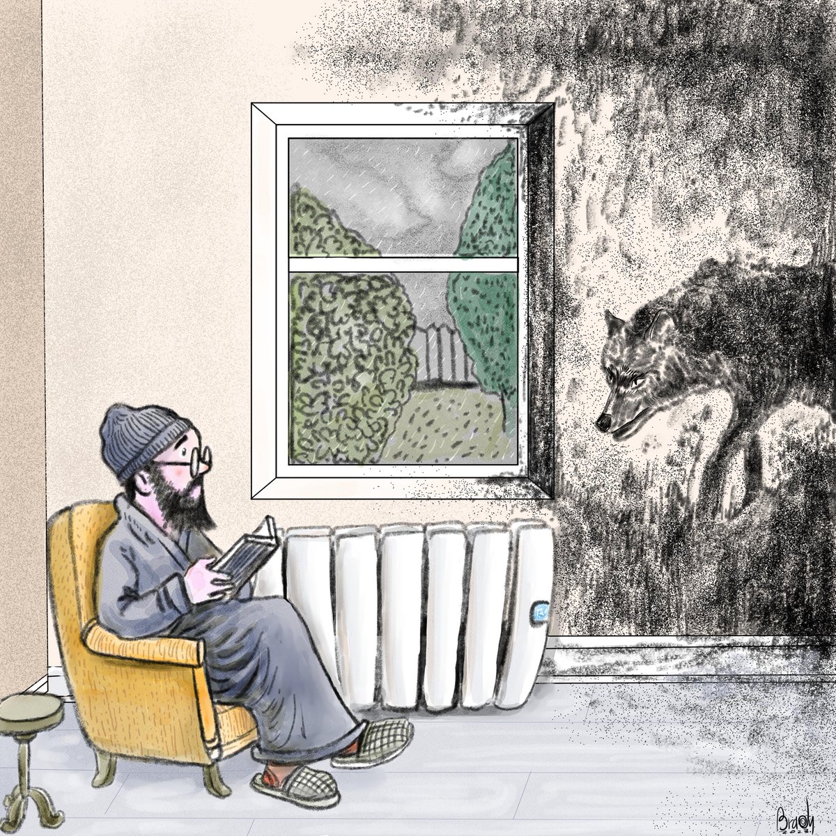 In his illustration for the cover of our latest print edition, #94, Brady Izquierdo Rodríguez depicts the mould and dampness that often stalk Dublin homes in winter taking the form of a wolf. dublininquirer.com/2024/01/17/cov…