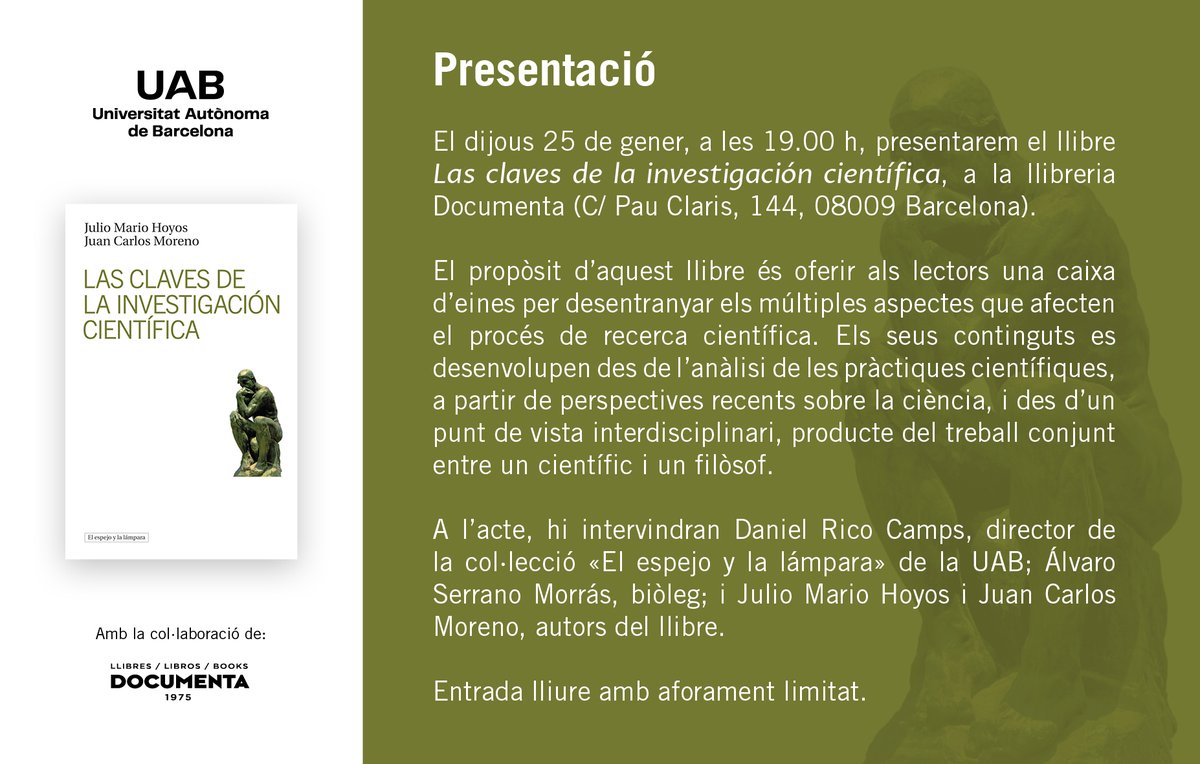 El dijous 🗓️25 de gener (19 h) a la <a href="/DocumentaBCN/">Llibreria Documenta</a>, 🗣️Julio Mario Hoyos y Juan Carlos Moreno ens presenten 📗«Las claves de la investigación científica», un llibre per comprendre el món de la #recerca científica. #UAB.