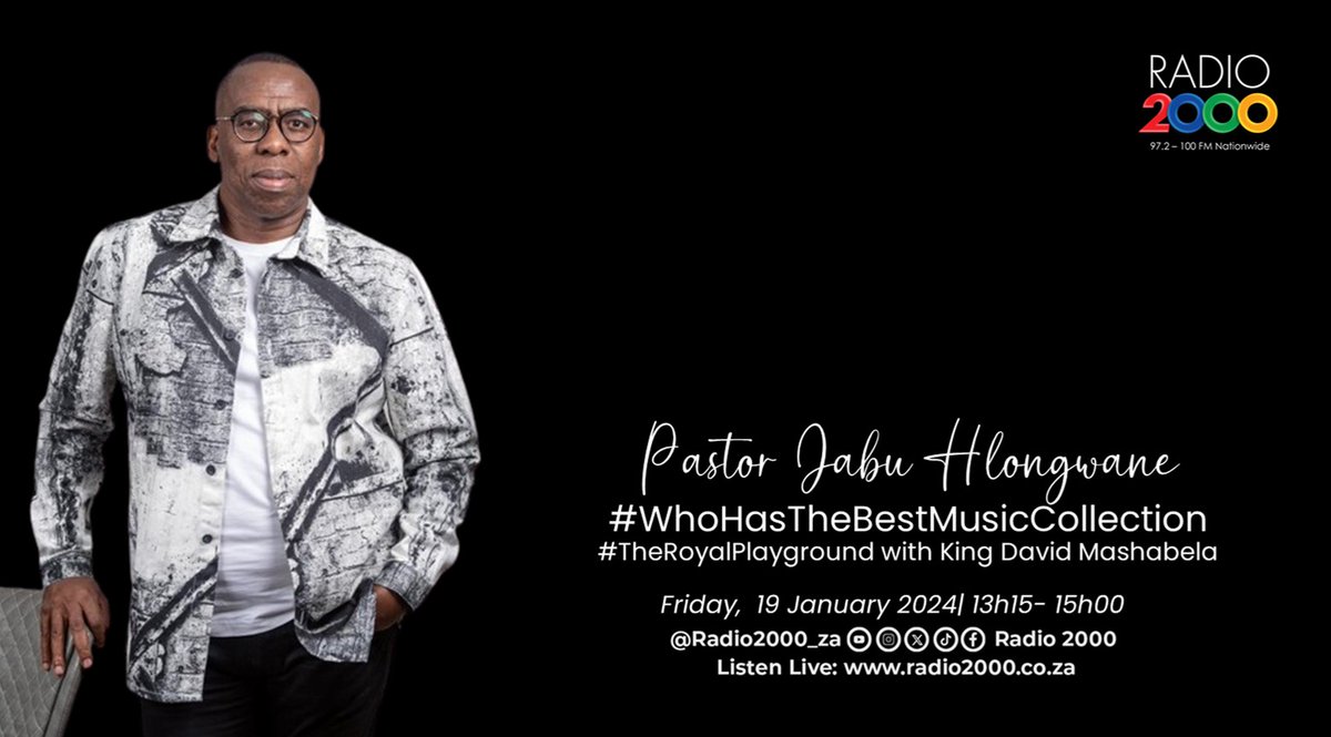 Radio2000_ZA's tweet photo. ON AIR | #TheRoyalPlayground
13h15 to 15h00
With @DavidMashabela
The King is joined in studio by the legendary @Ujabu ๐ป๐ถ
Catch the live stream on YouTube:
https://t.co/JCPghThegb
#WhoHasTheBestMusicCollection
#Radio2000 https://t.co/vX1HfNKeVp