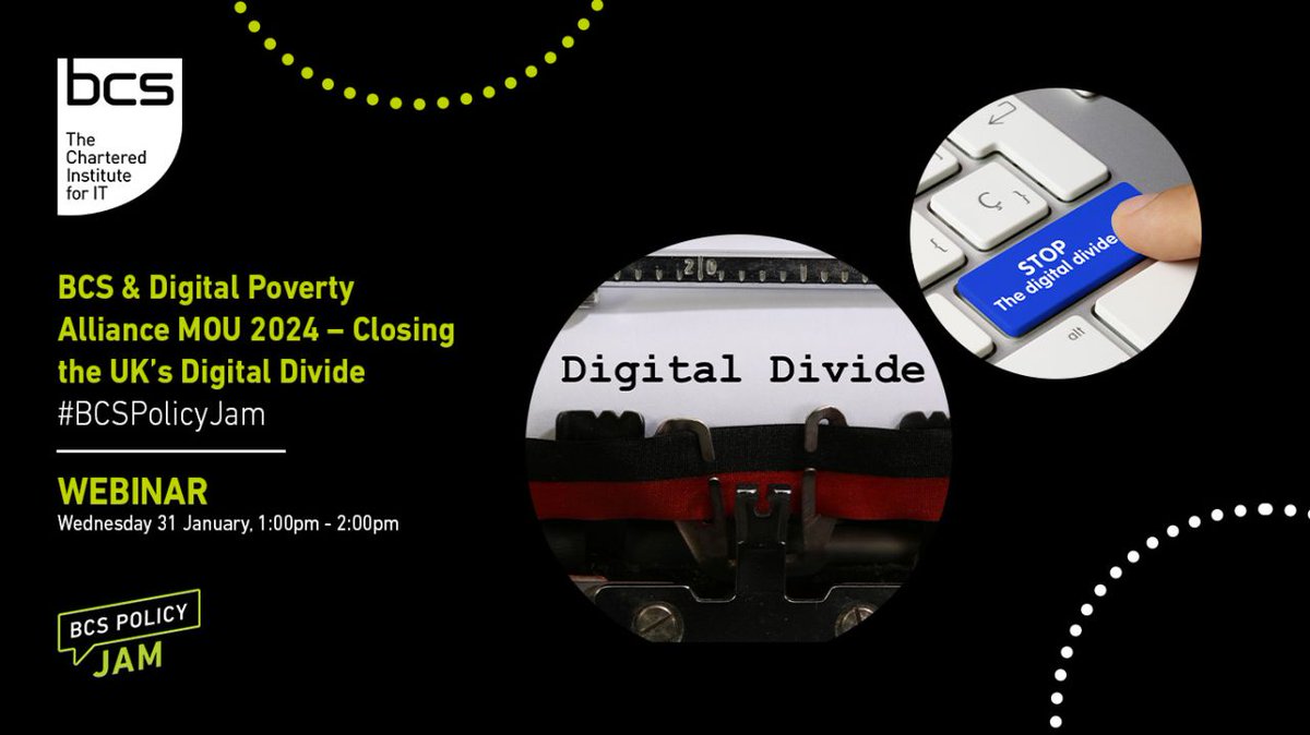 What can be done to tackle #DigitalPoverty? Join us for a @bcs #BCSPolicyJam webinar to hear from CEO @elizabethdigi @FreddieQ and Cllr. Catherine Gibbons, at @NorthSomersetC 🗓31 Jan Secure your place🔗 hubs.ly/Q02grHcx0