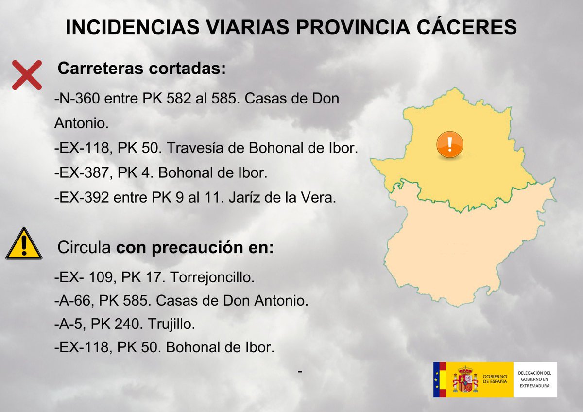 🚗🌧️Máxima precaución si circula por las carreteras #extremeñas por lluvias. 

ℹ️Información detallada del estado actual de la red diaria en la región. 

⚠️Extremen las precauciones‼️