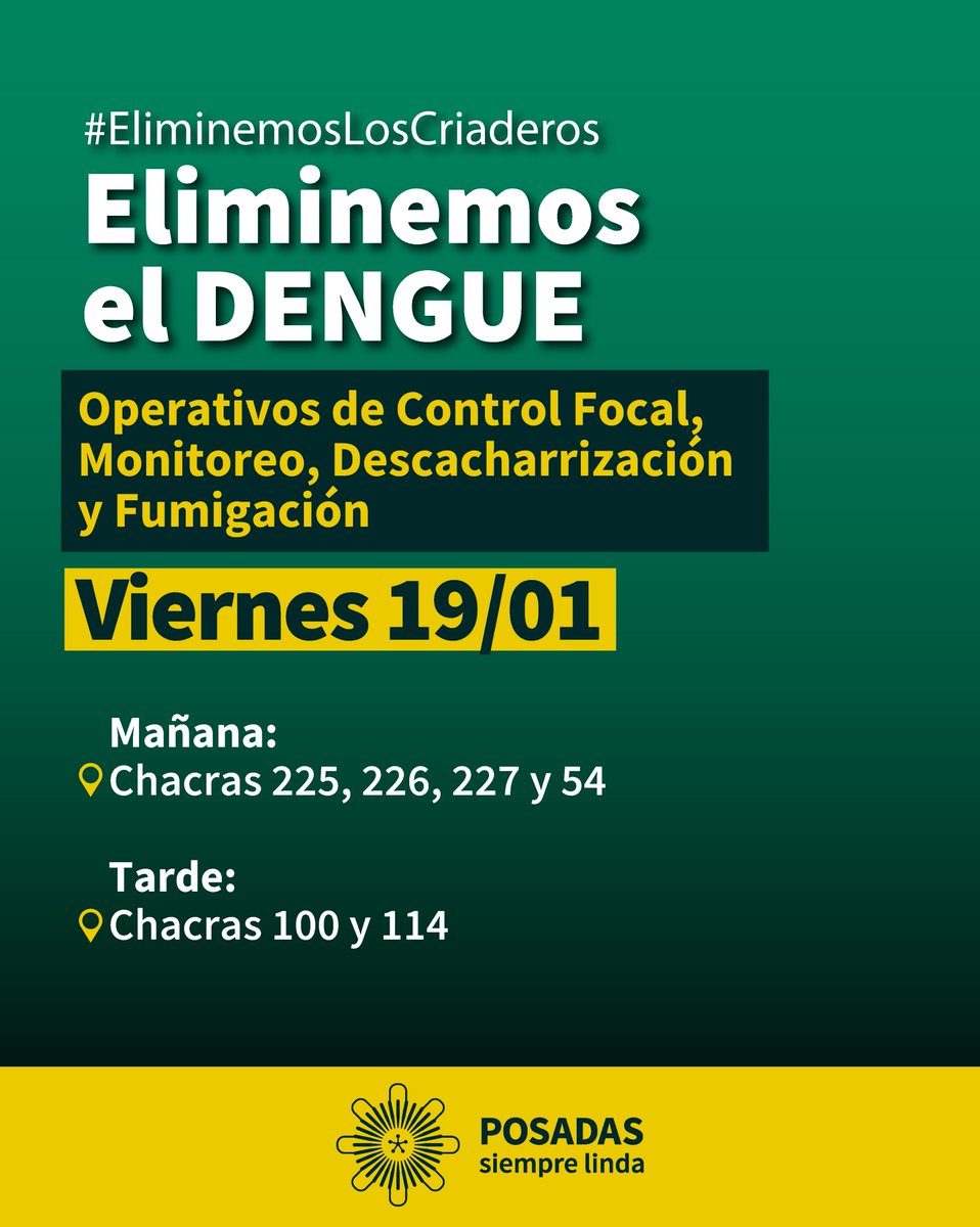 Seguimos recorriendo los barrios 🦟
Aprovechá estos operativos para sacar todo lo que pueda ser un potencial criadero
👉🏼 Se retiran cubiertas, electrodomésticos, chapas, metales en desuso, cartelería, recipientes que puedan acumular agua, cajas de madera y pallets
#quesigalinda