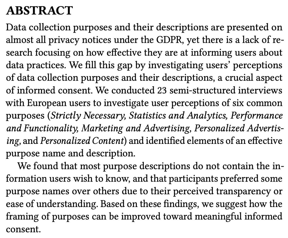 Happy to share our (@AbrahamMhaidli @Cristianapt @franziroesner @asia_biega) paper has been conditionally accepted to #CHI2024! 🥳 Title: “It doesn’t tell me anything about how my data is used”: User Perceptions of Data Collection Purposes Preprint: arxiv.org/abs/2312.07348