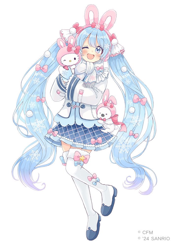 hatsune miku ,rabbit yukine ,yuki miku 1girl thighhighs twintails white background very long hair blue hair blue eyes  illustration images