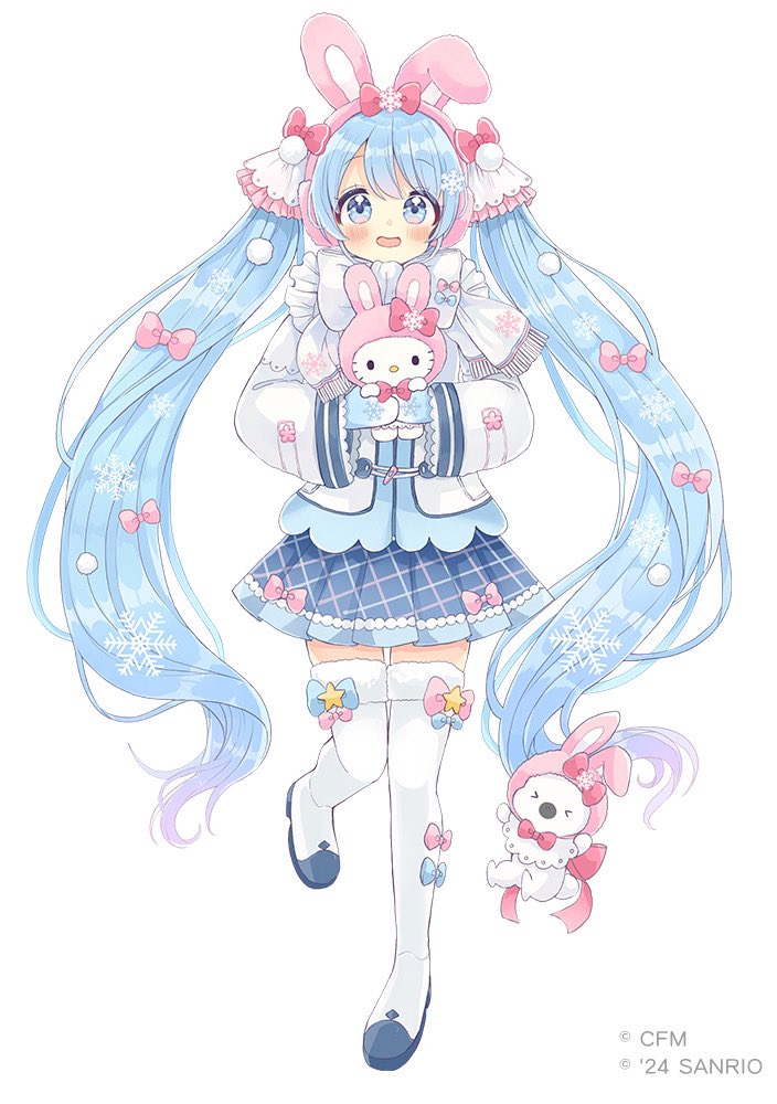 hatsune miku ,rabbit yukine ,yuki miku 1girl thighhighs twintails white background very long hair blue hair blue eyes  illustration images