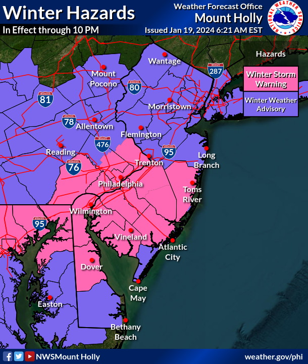 NWS_MountHolly's tweet photo. With the early morning forecast update, the expected axis of heavier snow has shifted south. Warnings were adjusted accordingly. The heaviest snow amounts are possible around southern NJ &amp; northern Delaware.  For forecast insights:  https://t.co/Z3rWWvBlnX https://t.co/bXbCZVfbre