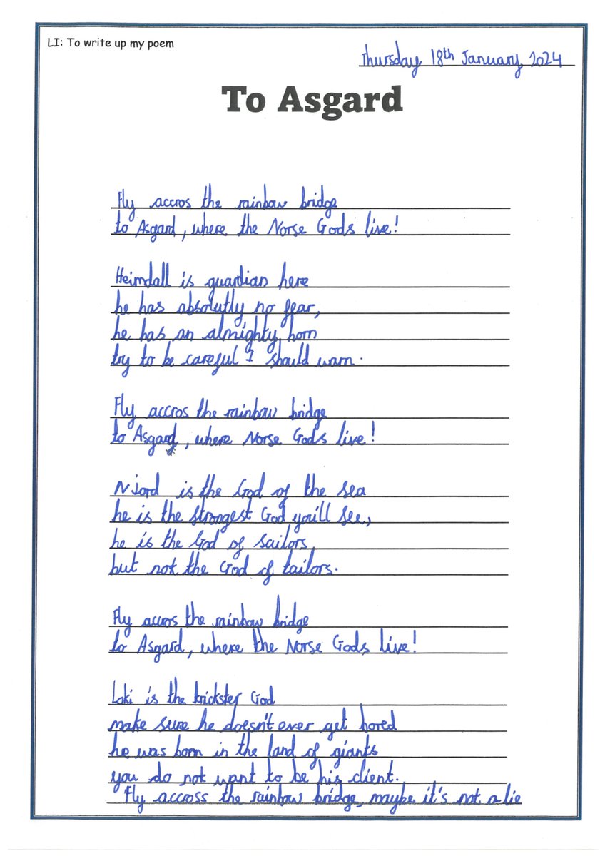 stabletchley's tweet photo. Year 5 have enjoyed reading your To Asgard poem during our English lessons as we have been learning about the Vikings. We used it to inspire our own versions of your amazing poem - we tried to keep the syllable pattern and rhyming structure! We hope you enjoy them. @RachelPoet https://t.co/DLWaGylU8y